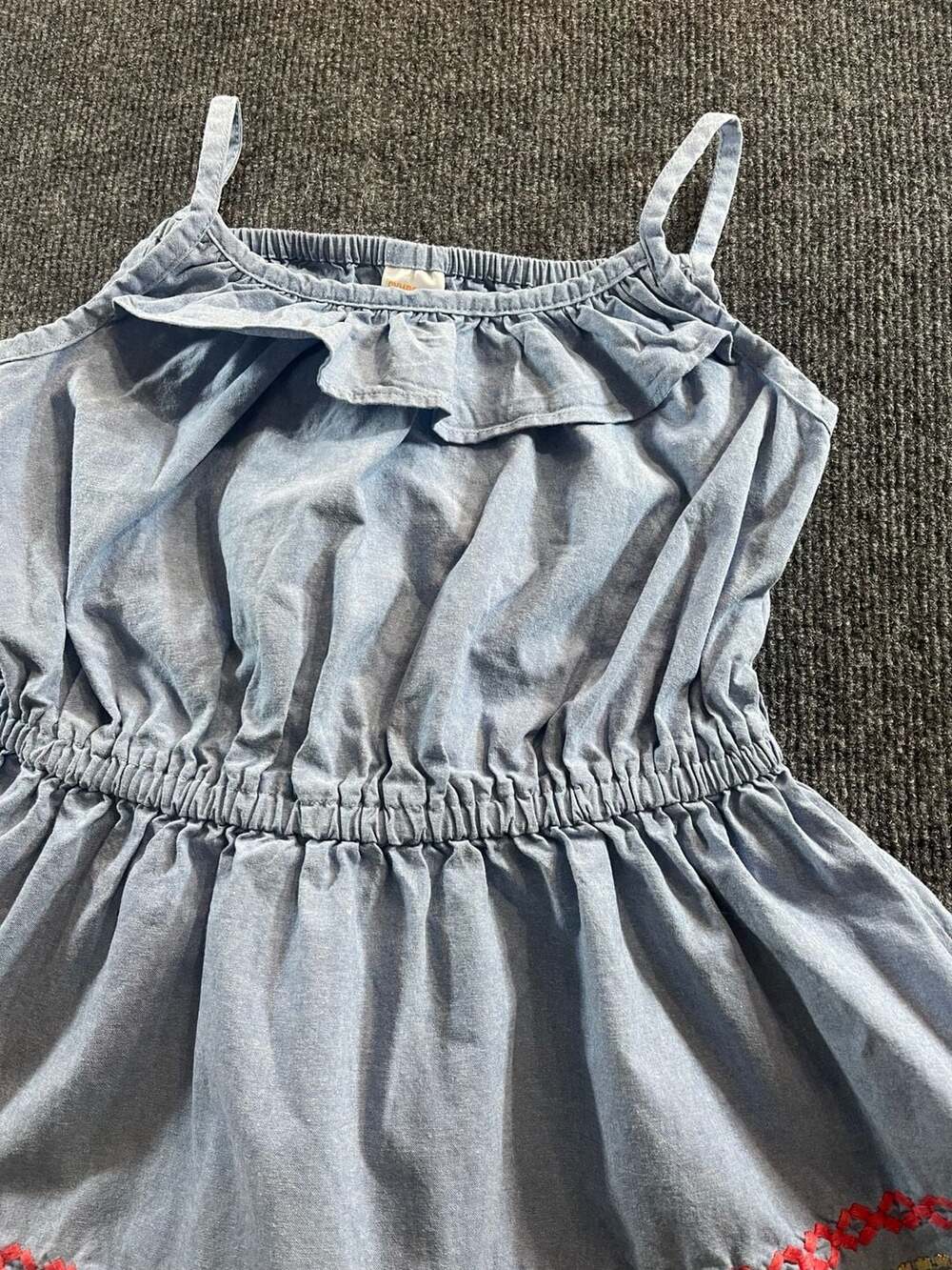 Gymboreee Chambray Dress Size 7 Blue Ruffle Straps Embroidered Ric Rac - Picture 3 of 9